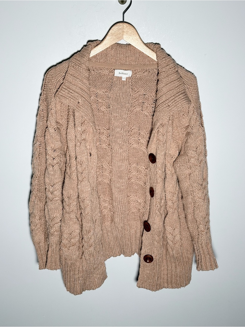 bohme Oversized Grandpa Cable Knit Cardigan in Taupe